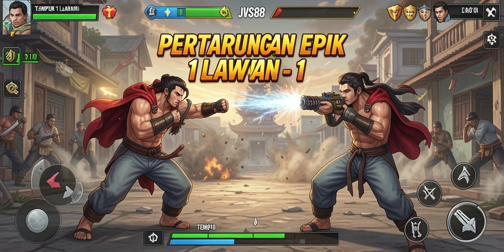 Screenshot JVS88 menampilkan pertarungan intens antarkarakter.