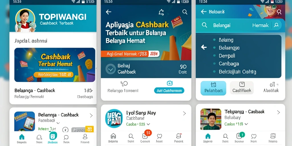 Antarmuka aplikasi TOPIWANGI menampilkan berbagai penawaran cashback menarik.